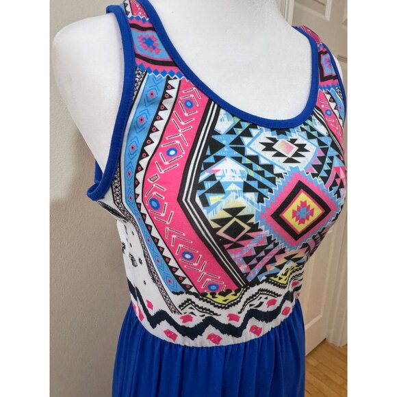 Boho Aztec Print Tank Maxi Dress Blue & Multicolor Sleeveless Scoop Neck Medium - Picture 3 of 5